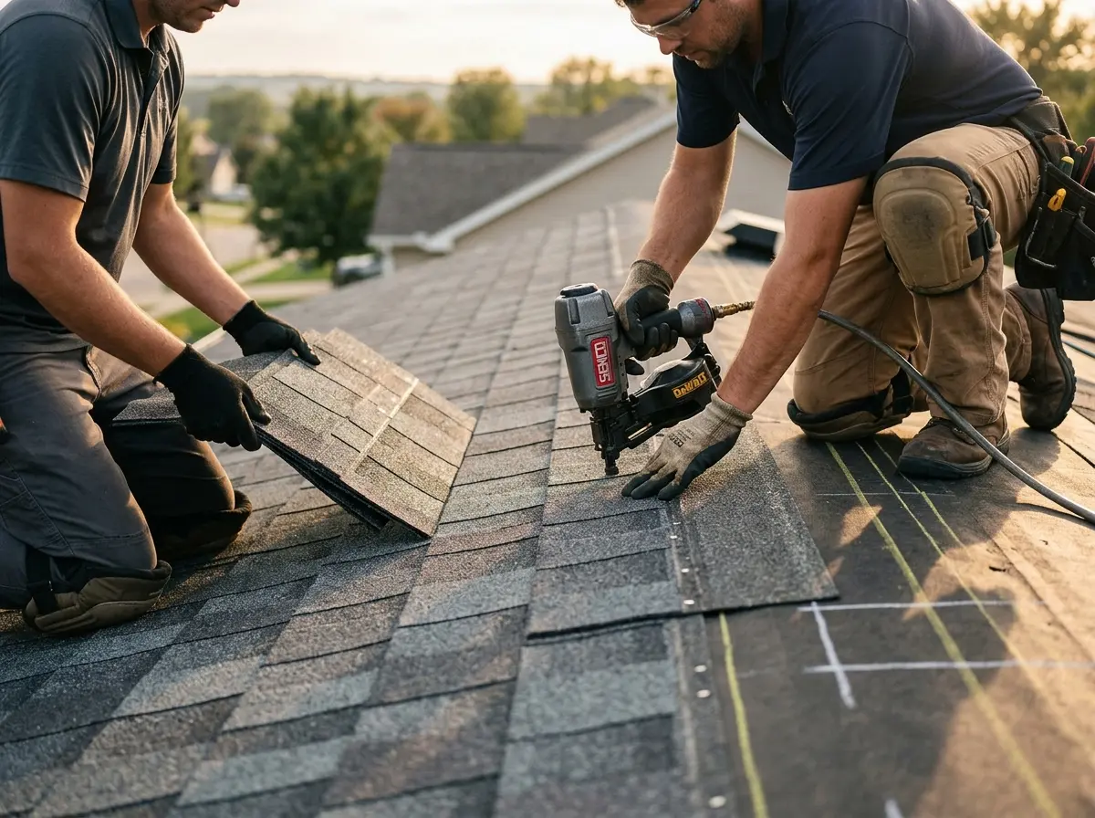 Professional roofer working on a residential roof in Westmont